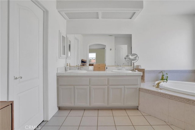 7330 Smoke Tree Rd, Phelan, CA 92371 - bathroom with double vanity, a garden tub, and tile patterned flooring