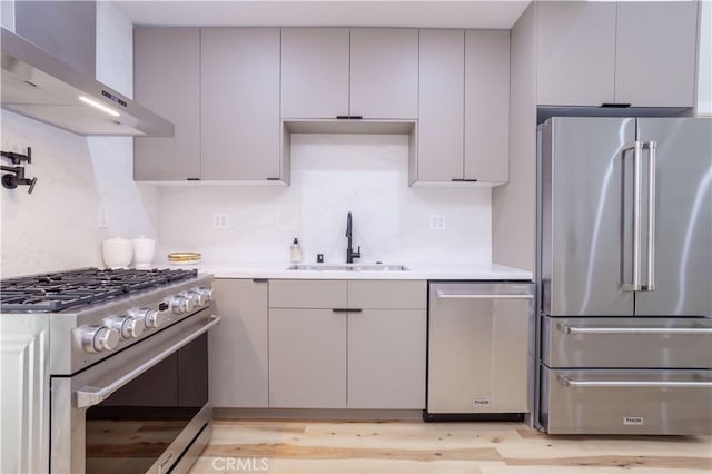 17905 Bullock St, Encino, CA 91316 - kitchen with high quality appliances, wall chimney exhaust hood, light countertops, tasteful backsplash, and light wood-type flooring
