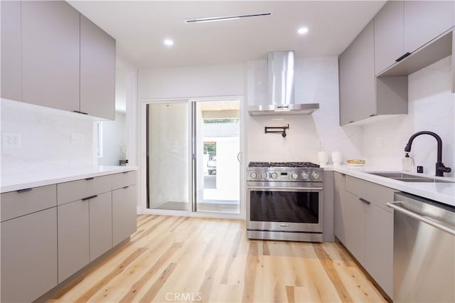17905 Bullock St, Encino, CA 91316 - kitchen with appliances with stainless steel finishes, wall chimney exhaust hood, gray cabinets, modern cabinets, and light wood-type flooring