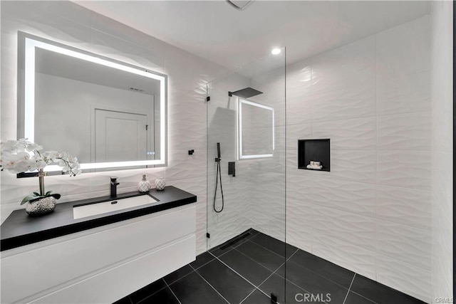 1603 Sunnyside, San Pedro, CA 90732 - full bathroom featuring a walk in shower, vanity, tile patterned floors, and tile walls