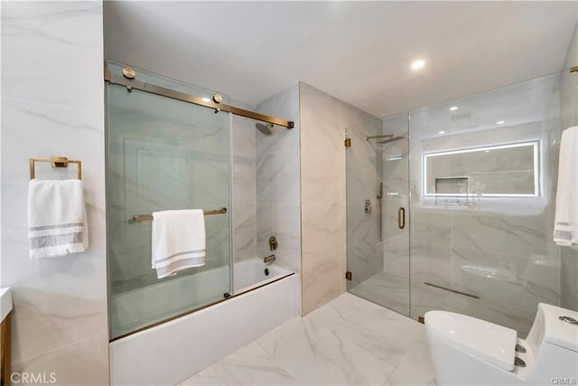 1603 Sunnyside, San Pedro, CA 90732 - full bath with enclosed tub / shower combo, vanity, marble finish floors, and recessed lighting