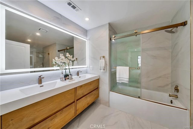 1603 Sunnyside, San Pedro, CA 90732 - bathroom featuring shower / bath combination with glass door, double vanity, and marble finish floors