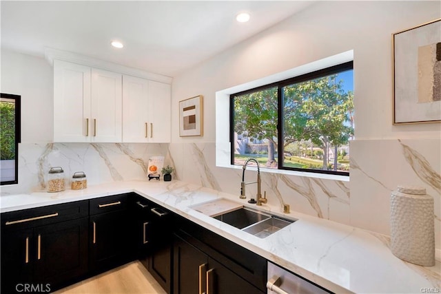 1603 Sunnyside, San Pedro, CA 90732 - kitchen with dark cabinetry, white cabinetry, healthy amount of natural light, light stone counters, and recessed lighting