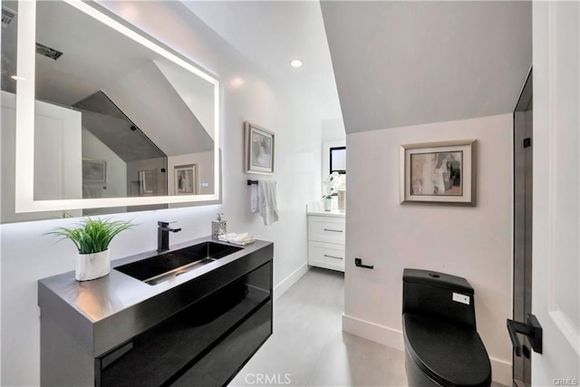 1603 Sunnyside, San Pedro, CA 90732 - full bathroom with vaulted ceiling, vanity, and recessed lighting