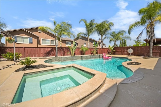 36845 Gemina Ave, Murrieta, CA 92563 - view of swimming pool featuring an in-ground hot tub, a patio, a fenced backyard, and a residential view
