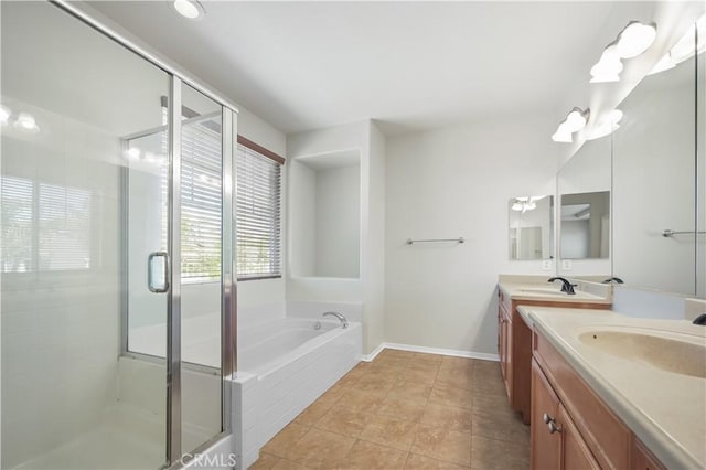 36845 Gemina Ave, Murrieta, CA 92563 - bathroom featuring double vanity, a bath, a shower stall, and tile patterned floors