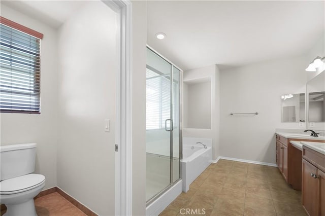 36845 Gemina Ave, Murrieta, CA 92563 - bathroom with vanity, a bath, a stall shower, and tile patterned floors