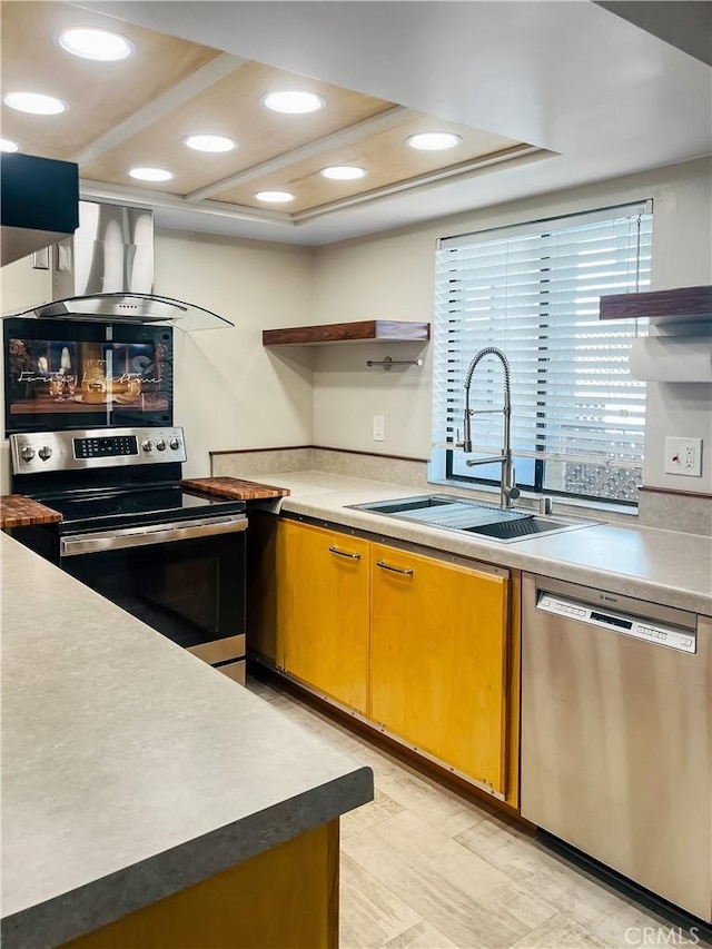 400 S Flower St Unit 131, Orange, CA 92868 - kitchen featuring stainless steel appliances, ventilation hood, open shelves, and recessed lighting