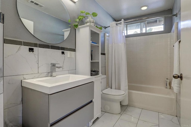 1430 Vallejo Mills St, Chula Vista, CA 91913 - full bathroom with shower / bathtub combination with curtain, vanity, tile walls, marble look tiles, and recessed lighting