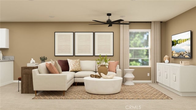 7594 Taylor Ave, Hesperia, CA 92345 - carpeted living room featuring ceiling fan and baseboards