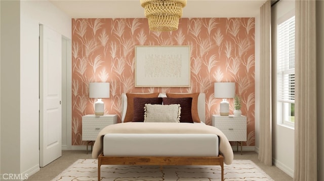 7594 Taylor Ave, Hesperia, CA 92345 - bedroom featuring wallpapered walls, an accent wall, light colored carpet, and multiple windows