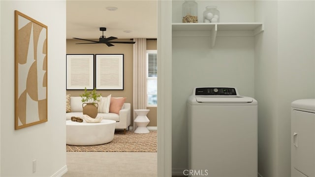 7594 Taylor Ave, Hesperia, CA 92345 - laundry room featuring independent washer and dryer, ceiling fan, and carpet