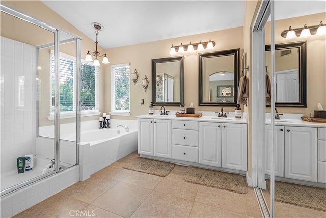 25525 Fitzgerald Ave, Stevenson Ranch, CA 91381 - full bathroom featuring double vanity, a chandelier, a bath, and a shower stall