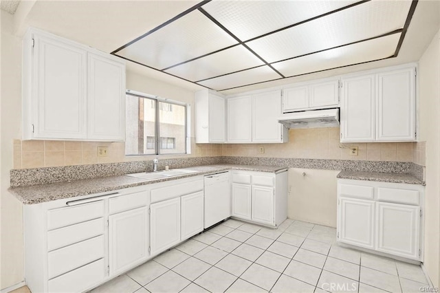 11331 Elliott Ave Unit 21, El Monte, CA 91732 - kitchen featuring white dishwasher, under cabinet range hood, white cabinetry, and decorative backsplash