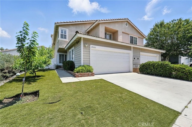 19121 Broken Bow Dr, Riverside, CA 92508 - view of front facade featuring a front lawn, an attached garage, concrete driveway, and stucco siding
