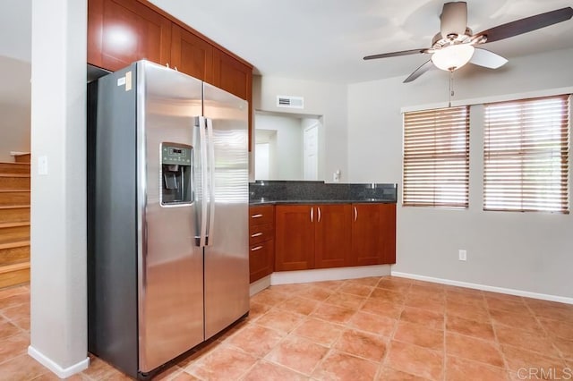 4620 Los Alamos Way Unit C, Oceanside, CA 92057 - kitchen featuring stainless steel fridge with ice dispenser, ceiling fan, brown cabinets, and light tile patterned floors