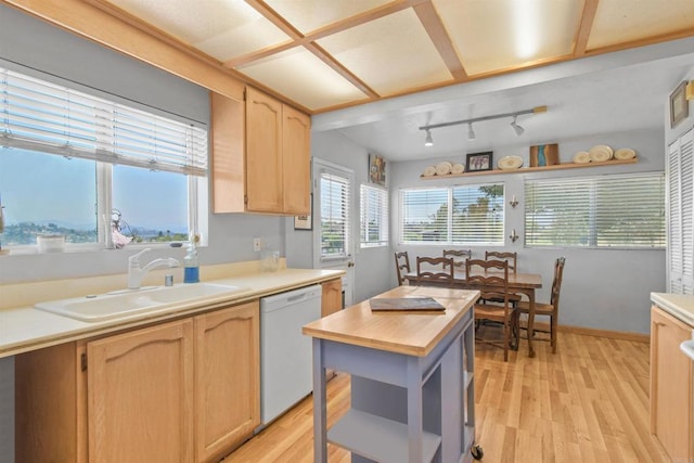 3135 S Bonita St, Spring Valley, CA 91977 - kitchen featuring open shelves, dishwasher, light brown cabinets, light wood finished floors, and wooden counters