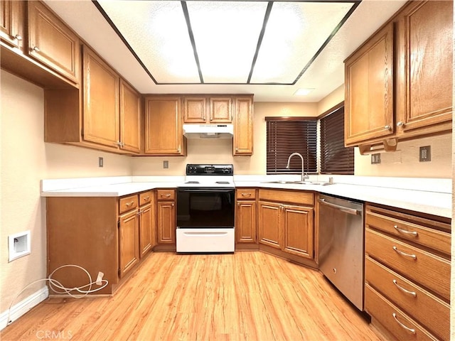 22749 Lakeway Dr Unit 375, Diamond Bar, CA 91765 - kitchen with white electric stove, dishwasher, under cabinet range hood, light wood finished floors, and brown cabinets