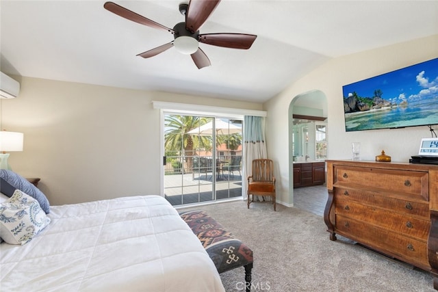 1225 Old Hickory Rd, Corona, CA 92882 - carpeted bedroom with vaulted ceiling, access to outside, connected bathroom, and a ceiling fan