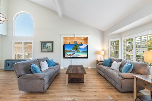 1225 Old Hickory Rd, Corona, CA 92882 - living room featuring high vaulted ceiling, beamed ceiling, light wood-style flooring, and a chandelier