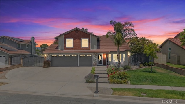 1225 Old Hickory Rd, Corona, CA 92882 - traditional home featuring a gate, a garage, driveway, stone siding, and a tile roof