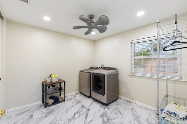 1225 Old Hickory Rd, Corona, CA 92882 - laundry area featuring washer and clothes dryer, light marble finish floors, a ceiling fan, and recessed lighting