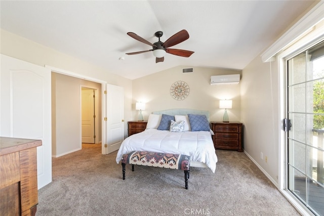 1225 Old Hickory Rd, Corona, CA 92882 - bedroom with an AC wall unit, vaulted ceiling, carpet floors, access to outside, and a ceiling fan