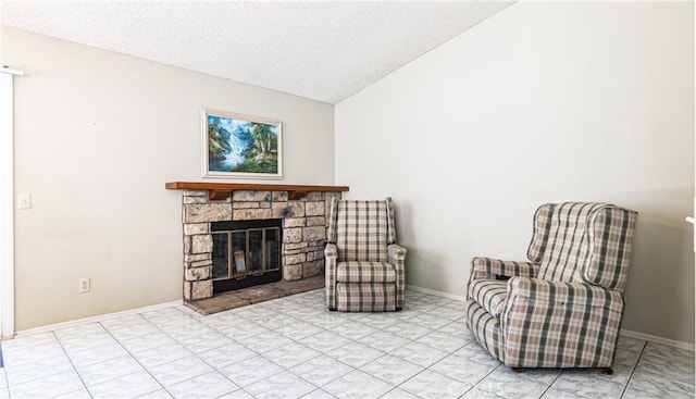 7339 Greenbriar Pl, Rancho Cucamonga, CA 91730 - sitting room with vaulted ceiling, a textured ceiling, and a fireplace