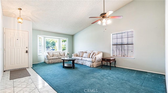 7339 Greenbriar Pl, Rancho Cucamonga, CA 91730 - carpeted living area with lofted ceiling, ceiling fan, and a textured ceiling