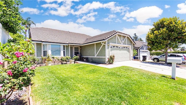 7339 Greenbriar Pl, Rancho Cucamonga, CA 91730 - view of front of property with a garage, a tile roof, a front yard, driveway, and stucco siding