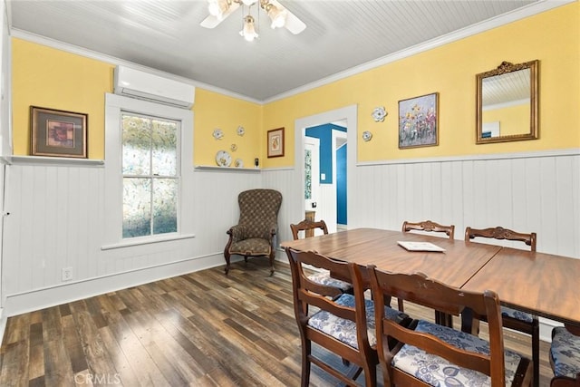 2725 W Sacramento Ave, Chico, CA 95973 - dining area with a wall mounted air conditioner, wood-type flooring, a wainscoted wall, a ceiling fan, and ornamental molding