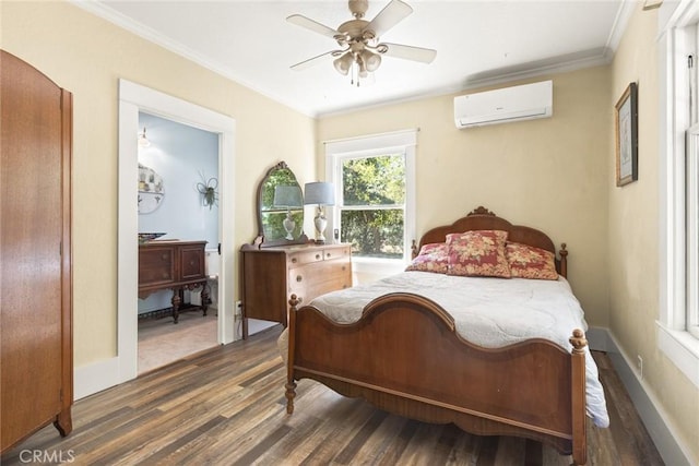 2725 W Sacramento Ave, Chico, CA 95973 - bedroom with a wall unit AC, wood finished floors, crown molding, and a ceiling fan
