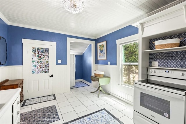 2725 W Sacramento Ave, Chico, CA 95973 - kitchen featuring white appliances, a wainscoted wall, light tile patterned floors, ornamental molding, and open shelves