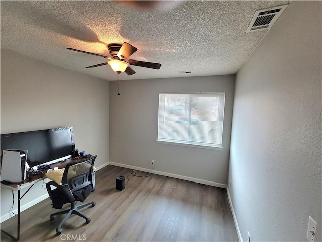 15420 Apache Rd, Apple Valley, CA 92307 - office area featuring wood finished floors, ceiling fan, and a textured ceiling