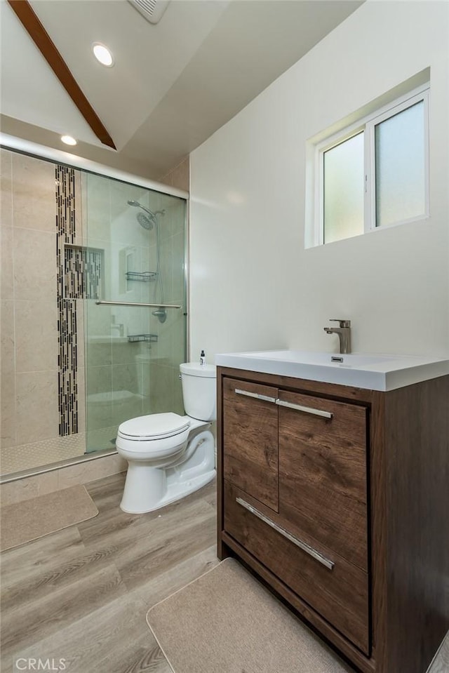 11162 Barman Ave, Culver City, CA 90230 - full bath featuring vanity, a stall shower, recessed lighting, and wood finished floors