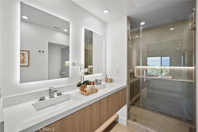 2115 E Santiago St, Covina, CA 91724 - full bath with double vanity, a stall shower, and recessed lighting