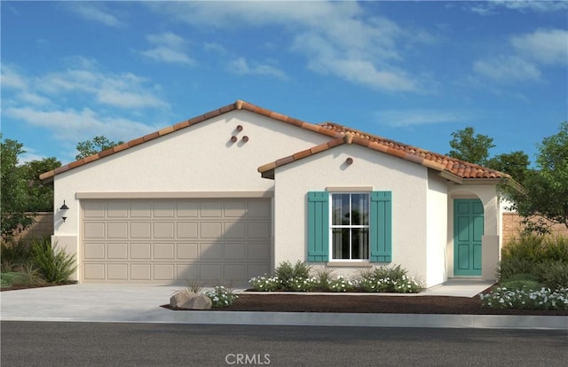 25484 Calamity Ln, Homeland, CA 92548 - mediterranean / spanish-style house with concrete driveway, an attached garage, stucco siding, and a tiled roof