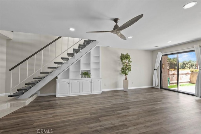 1346 Tourney Hill Ln Unit 67, Nipomo, CA 93444 - unfurnished living room featuring ceiling fan, recessed lighting, stairs, and dark wood finished floors