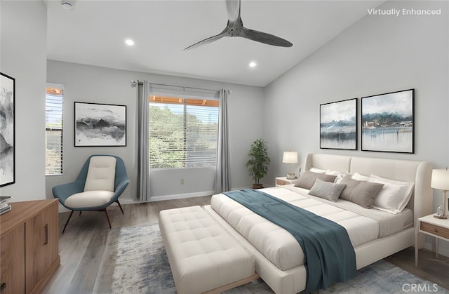 1346 Tourney Hill Ln Unit 67, Nipomo, CA 93444 - bedroom with light wood-style floors, vaulted ceiling, recessed lighting, and a ceiling fan