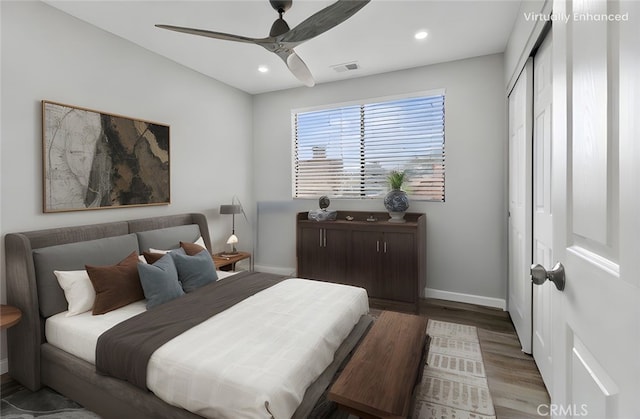 1346 Tourney Hill Ln Unit 67, Nipomo, CA 93444 - bedroom with wood finished floors, a closet, recessed lighting, and ceiling fan