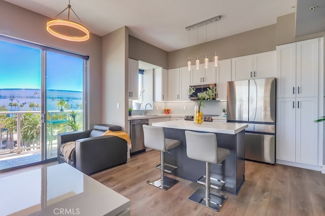 488 E Ocean Blvd Unit 502, Long Beach, CA 90802 - kitchen featuring stainless steel appliances, backsplash, white cabinetry, and light countertops