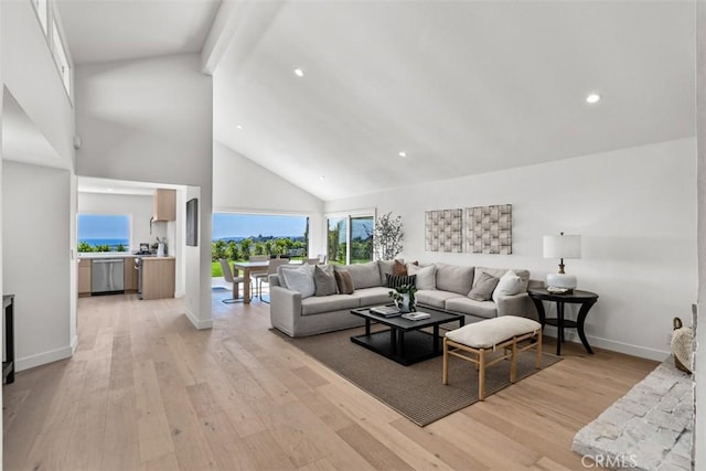 317 Calle Familia, San Clemente, CA 92672 - living room with high vaulted ceiling, light wood-type flooring, beam ceiling, and recessed lighting