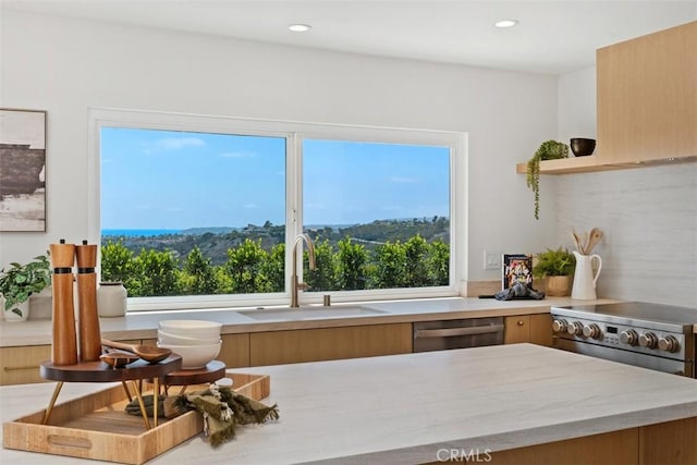 317 Calle Familia, San Clemente, CA 92672 - kitchen with appliances with stainless steel finishes, plenty of natural light, open shelves, recessed lighting, and modern cabinets