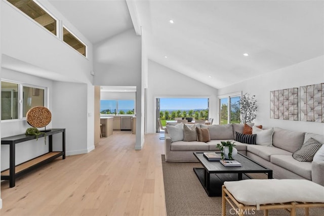 317 Calle Familia, San Clemente, CA 92672 - living room with high vaulted ceiling, beam ceiling, light wood-style floors, and recessed lighting