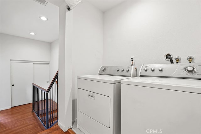 1737 Peyton Ave Unit E, Burbank, CA 91504 - laundry room featuring washing machine and clothes dryer, wood finished floors, and recessed lighting