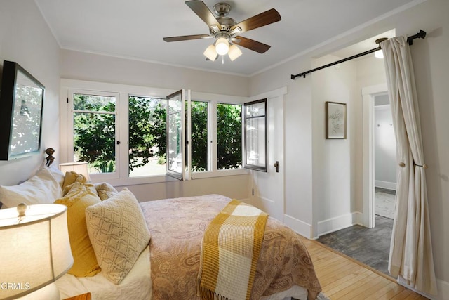 1036 N Chester Ave, Pasadena, CA 91104 - bedroom featuring hardwood / wood-style floors, multiple windows, ornamental molding, and ceiling fan