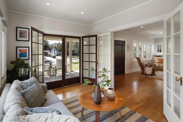 1036 N Chester Ave, Pasadena, CA 91104 - living area featuring french doors, ornamental molding, wood finished floors, and recessed lighting