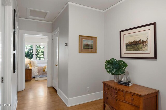 1036 N Chester Ave, Pasadena, CA 91104 - corridor with light wood-type flooring, ornamental molding, and attic access