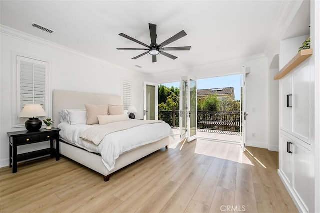 308 Via El Patio, San Clemente, CA 92673 - bedroom with access to exterior, crown molding, light wood-style flooring, and ceiling fan