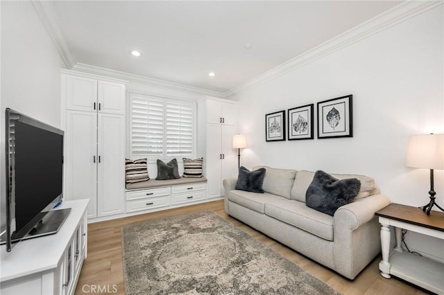308 Via El Patio, San Clemente, CA 92673 - living area featuring light wood finished floors, ornamental molding, and recessed lighting